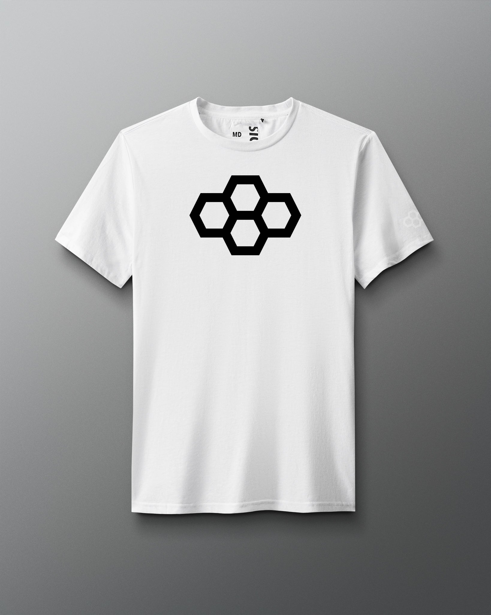A gray t-shirt with a white quadhex graphic design on the front and a smaller hexagonal logo on the left sleeve.