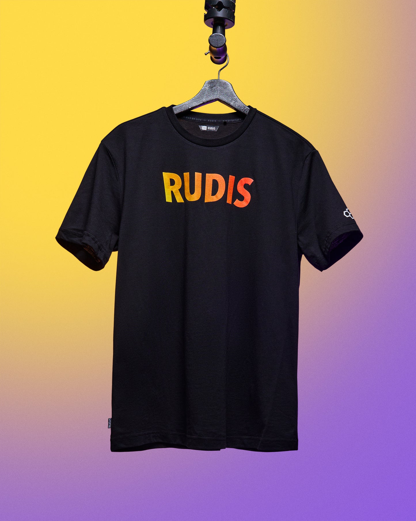 Black t-shirt with 'RUDIS' printed on it, hanging against a gradient background.