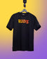 Black t-shirt with 'RUDIS' printed on it, hanging against a gradient background.
