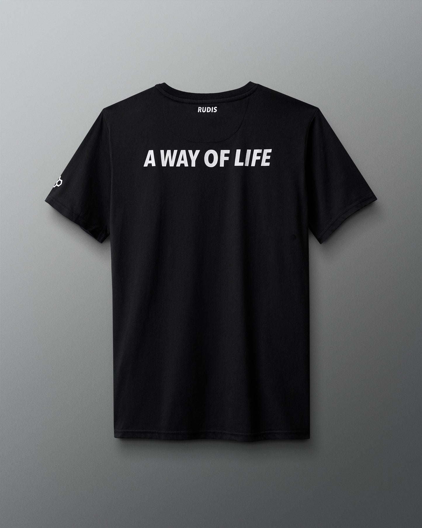 Black t-shirt with 'A Way of Life' text on a gray background