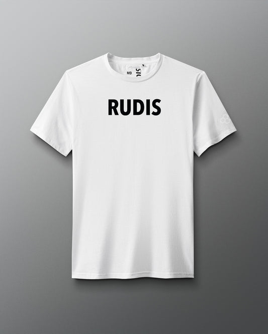 White t-shirt with 'RUDIS' printed on a gray background