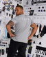 Male athlete wearing the gray RUDIS Motto Scripted Elite Super Soft T-Shirt featuring a white A Way of Life back graphic.