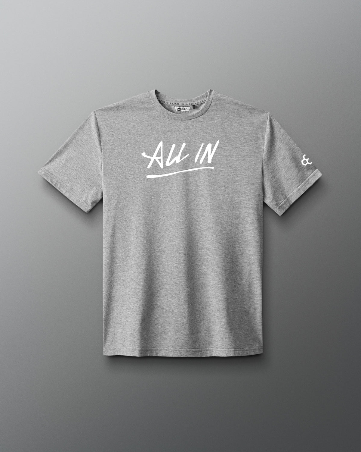 A heather gray short-sleeve t-shirt with 'All In' printed in white script across the chest, displayed against a dark gray gradient background.