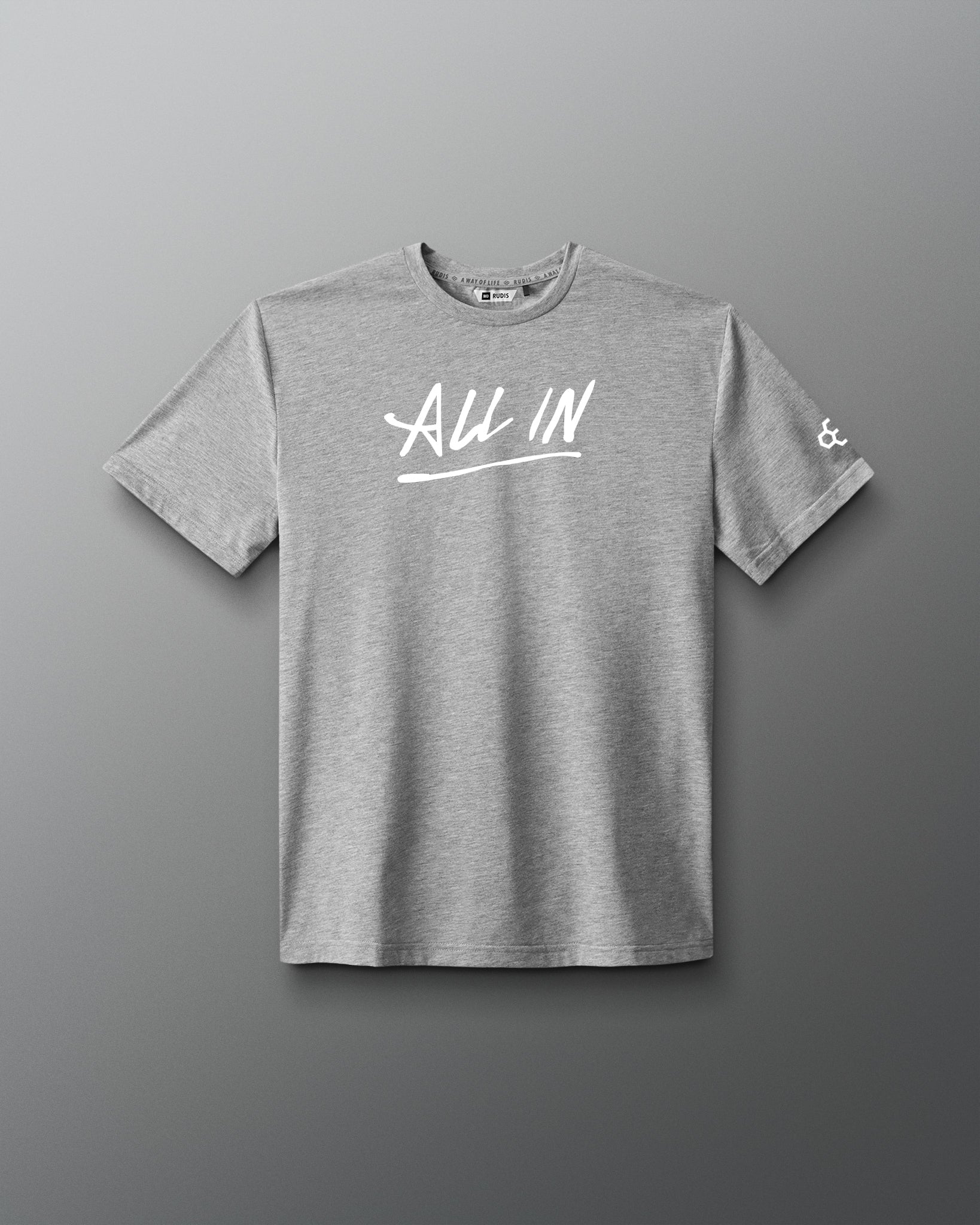 A heather gray short-sleeve t-shirt with 'All In' printed in white script across the chest, displayed against a dark gray gradient background.