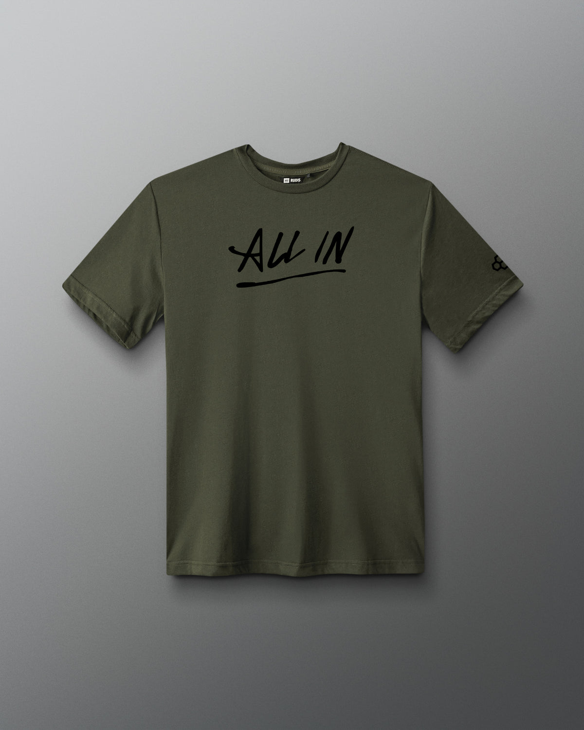 An olive green short-sleeve t-shirt with 'ALL IN' printed in black script across the chest, displayed against a dark gray gradient background.