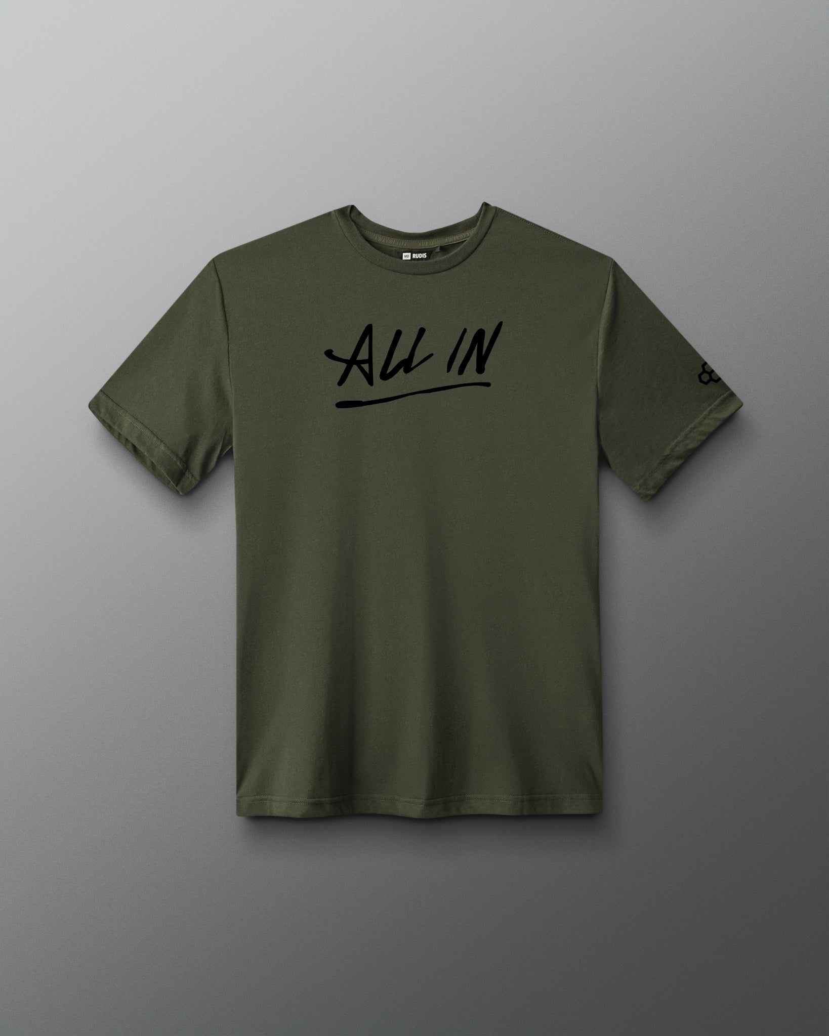An olive green short-sleeve t-shirt with 'ALL IN' printed in black script across the chest, displayed against a dark gray gradient background.