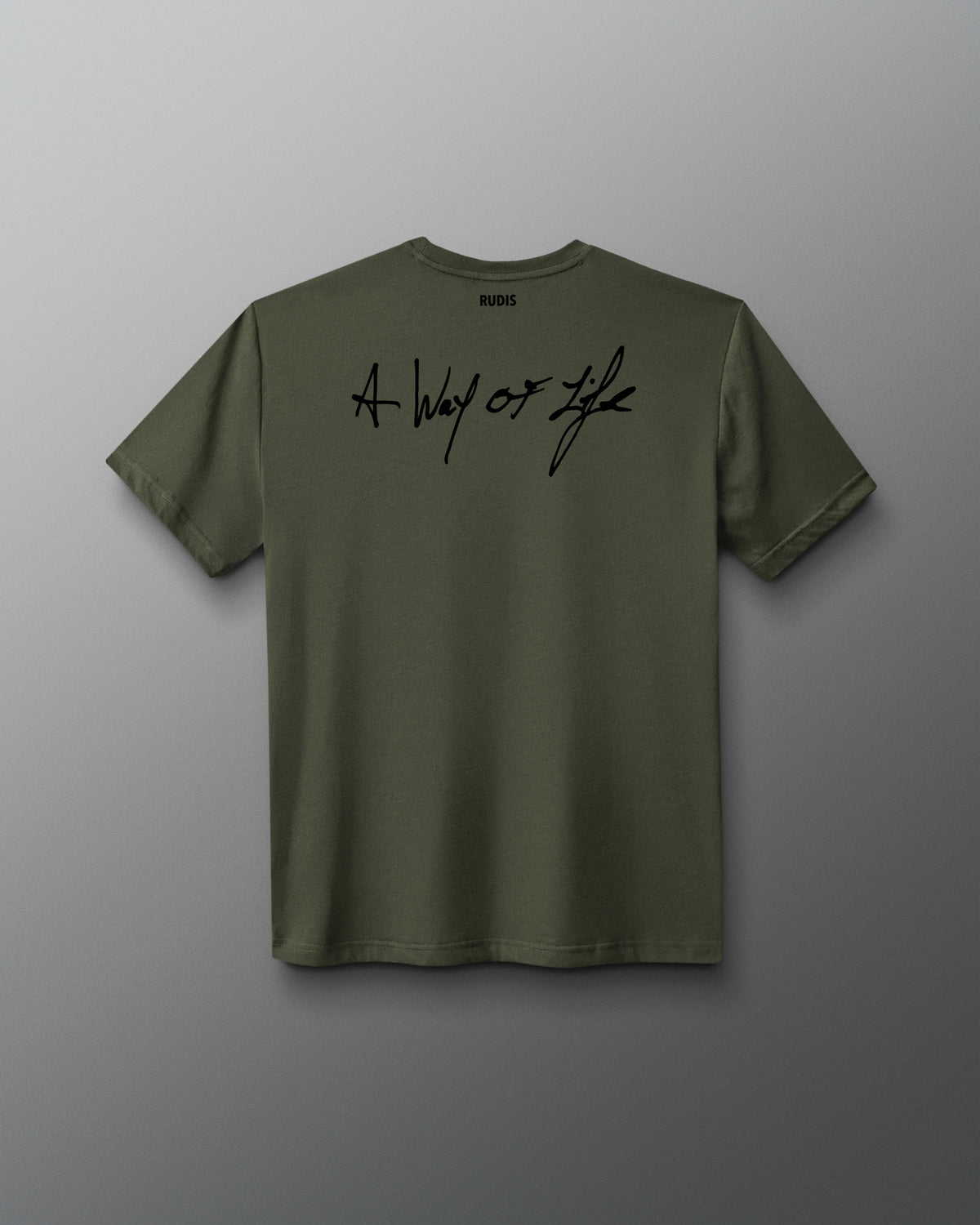An olive green short-sleeve t-shirt with a black script graphic reading 'A Way of Life' across the chest, displayed against a neutral gray background.