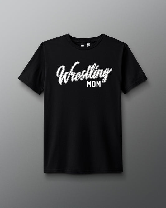 Front view of a black T-shirt with the words ‘Wrestling Mom’ printed in bold white script and block lettering across the chest.