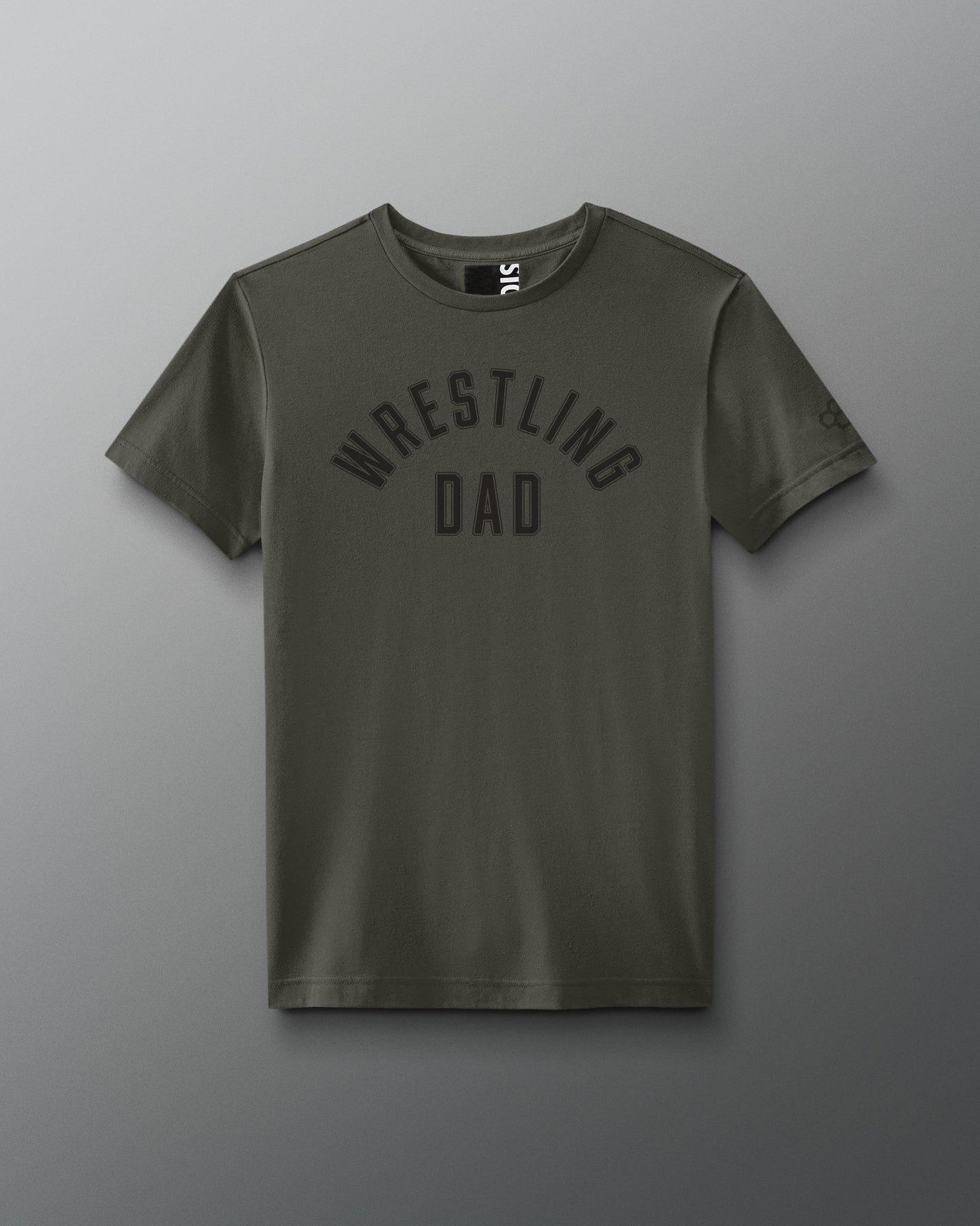 Green t-shirt with 'Wrestling Dad' text on a gray background