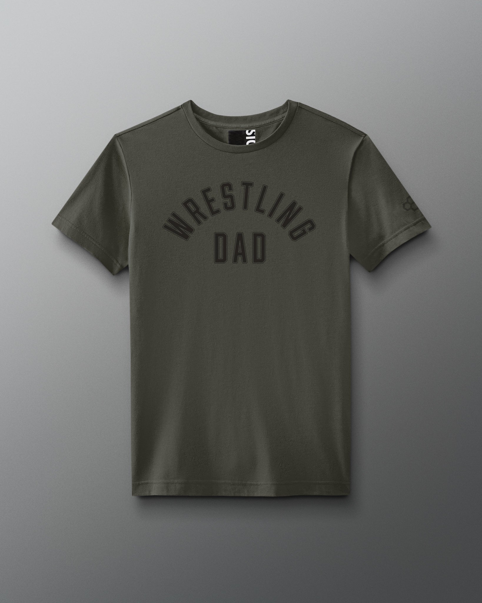 Green t-shirt with 'Wrestling Dad' text on a gray background
