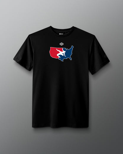 Black t-shirt with a red, blue, and white usa wrestling logo on a gradient background