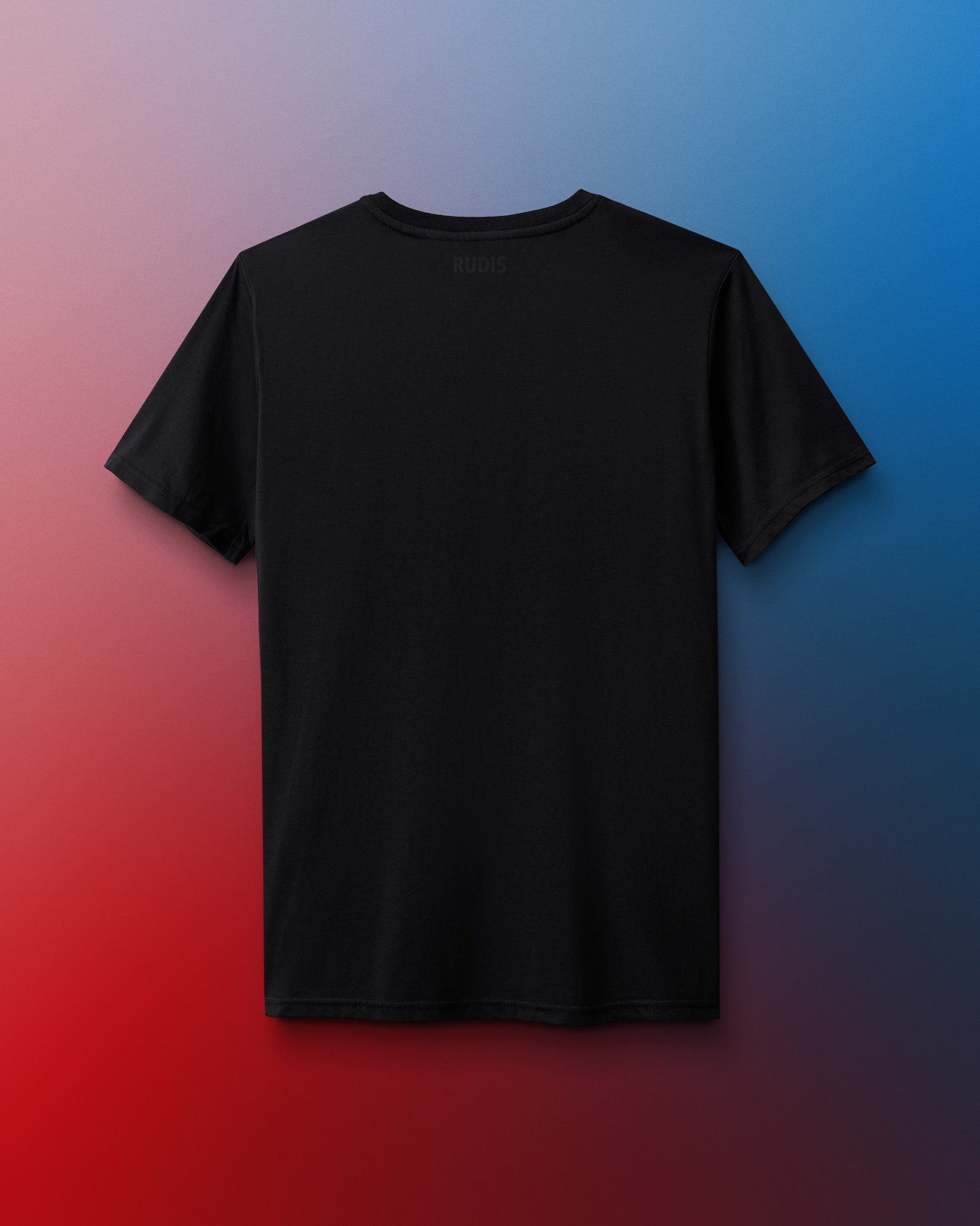 Black t-shirt on a red to blue gradient background