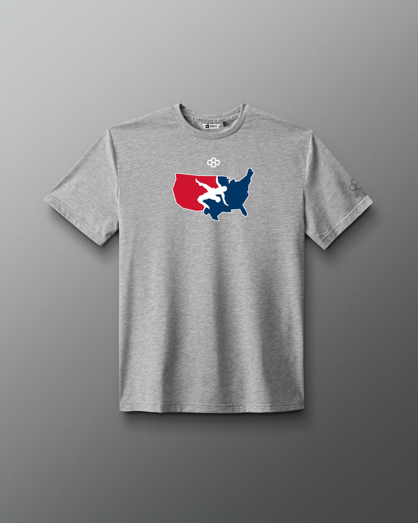 Gray t-shirt with a colorful usa wrestling graphic on a gradient background