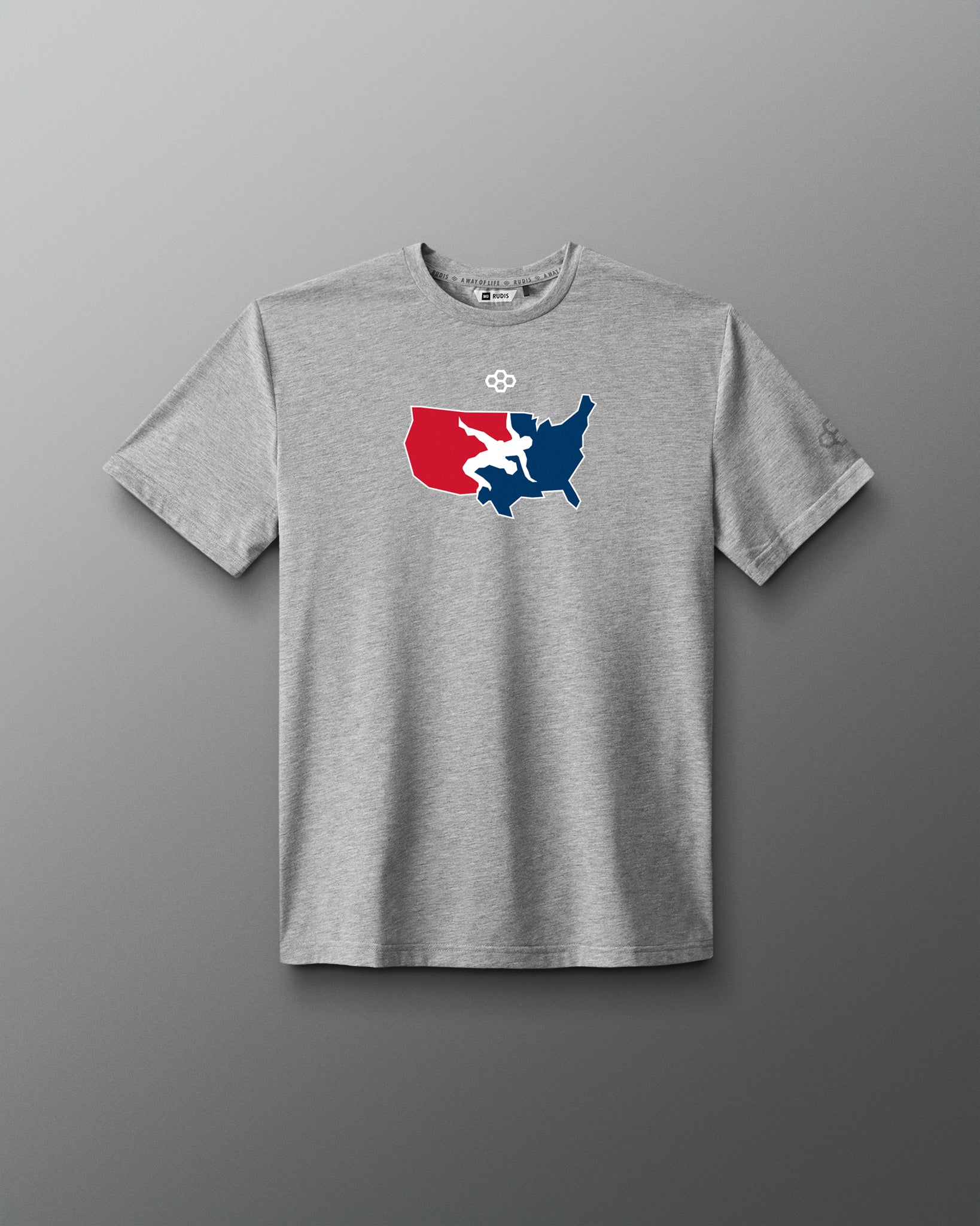 Gray t-shirt with a colorful usa wrestling graphic on a gradient background