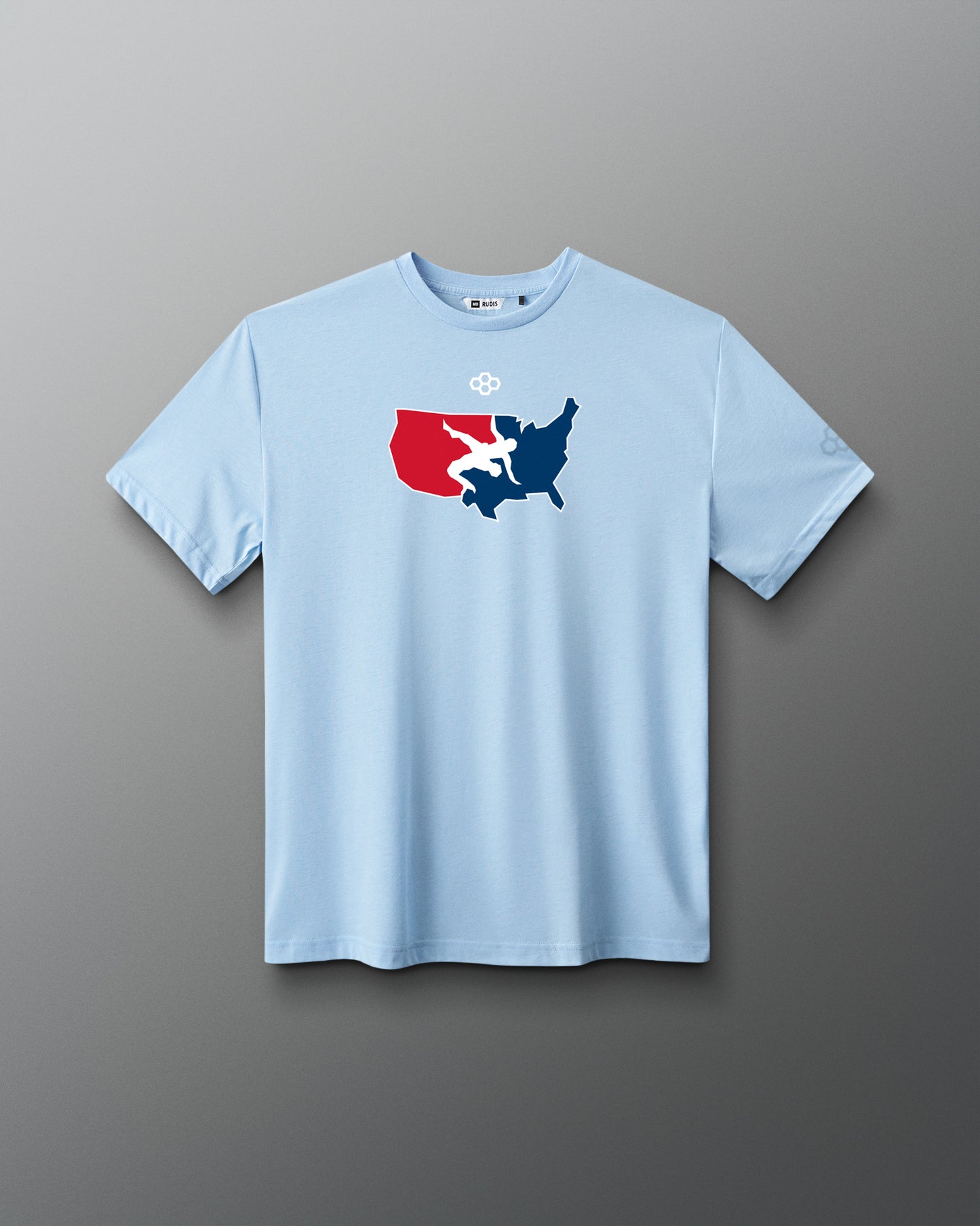 USA Wrestling Light blue t-shirt with a graphic design on a gradient background