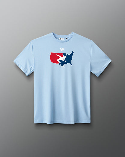 USA Wrestling Light blue t-shirt with a graphic design on a gradient background