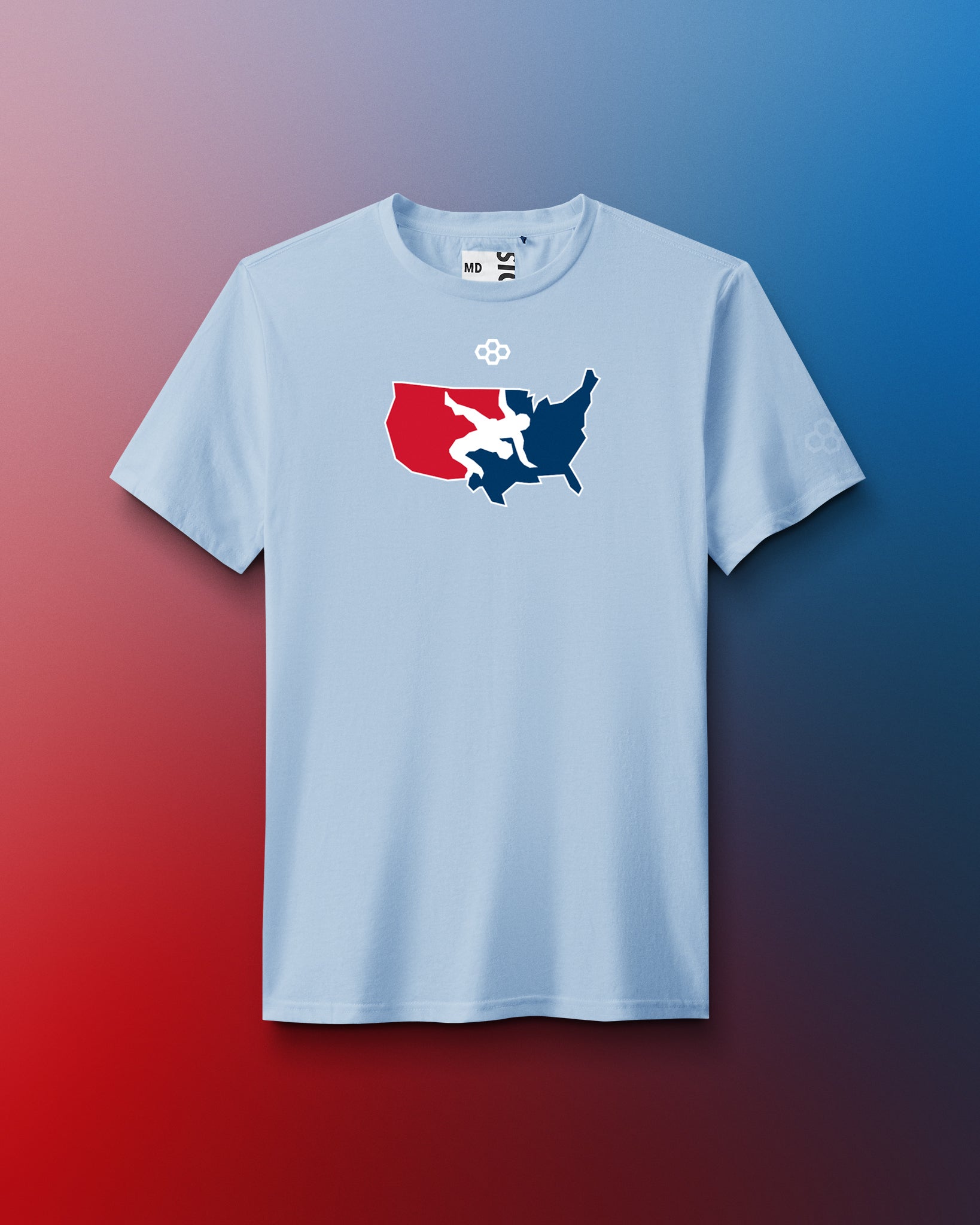 Light blue t-shirt with usa wrestling  logo on a gradient background