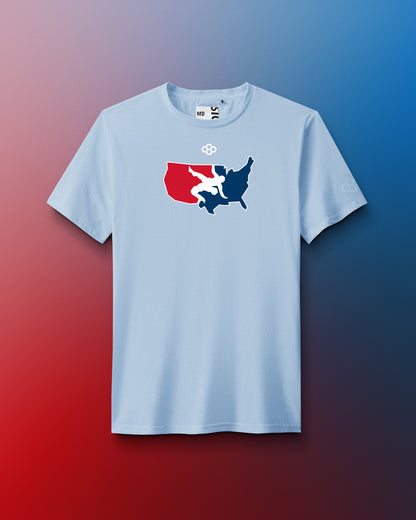 Light blue t-shirt with usa wrestling  logo on a gradient background