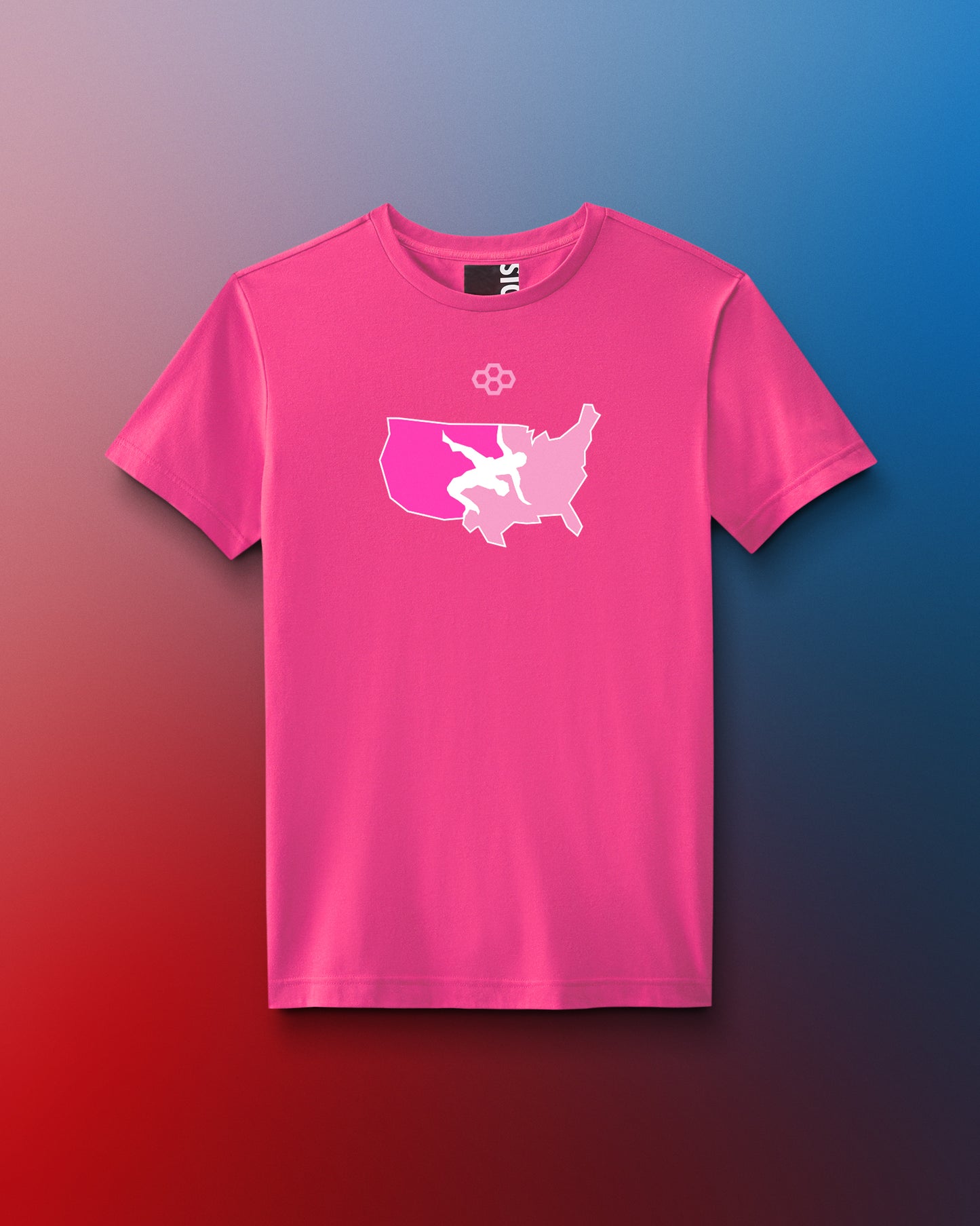 Pink t-shirt with a USA Wrestling graphic design on a gradient background