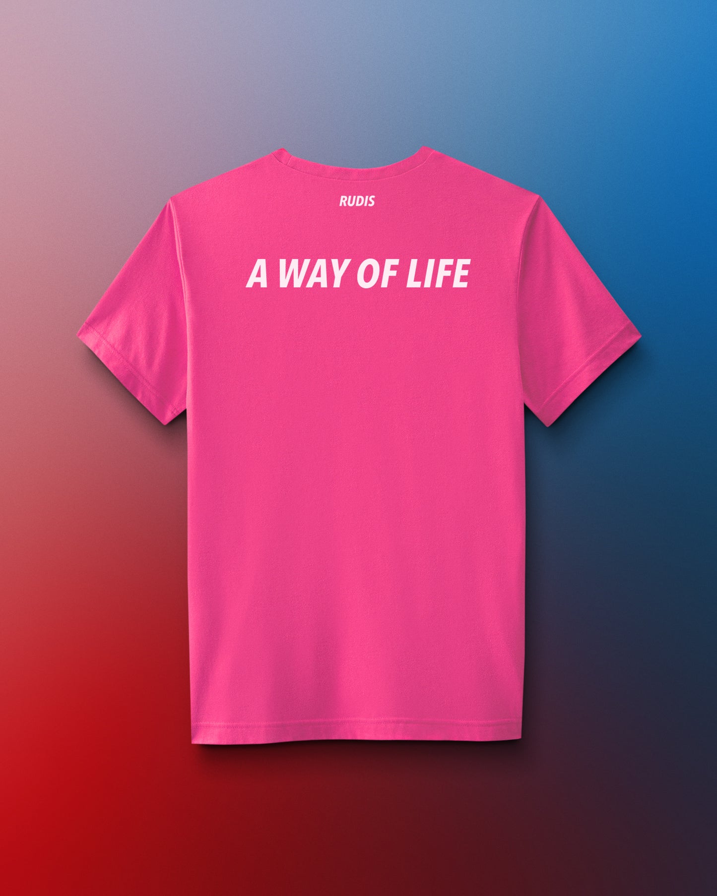 Pink t-shirt with 'A Way of Life' text on a gradient background