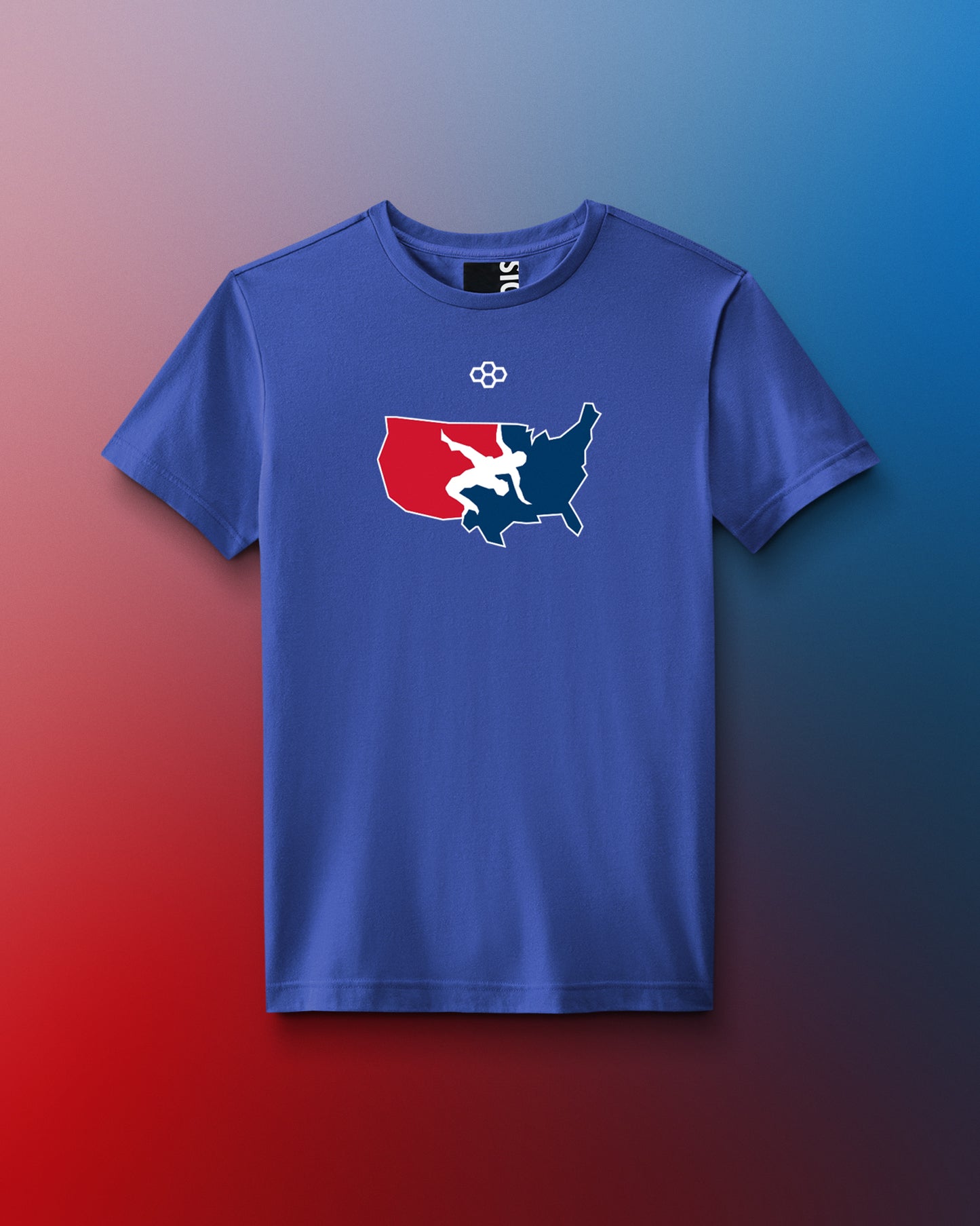 Blue t-shirt with a USA Wrestling graphic design on a gradient background