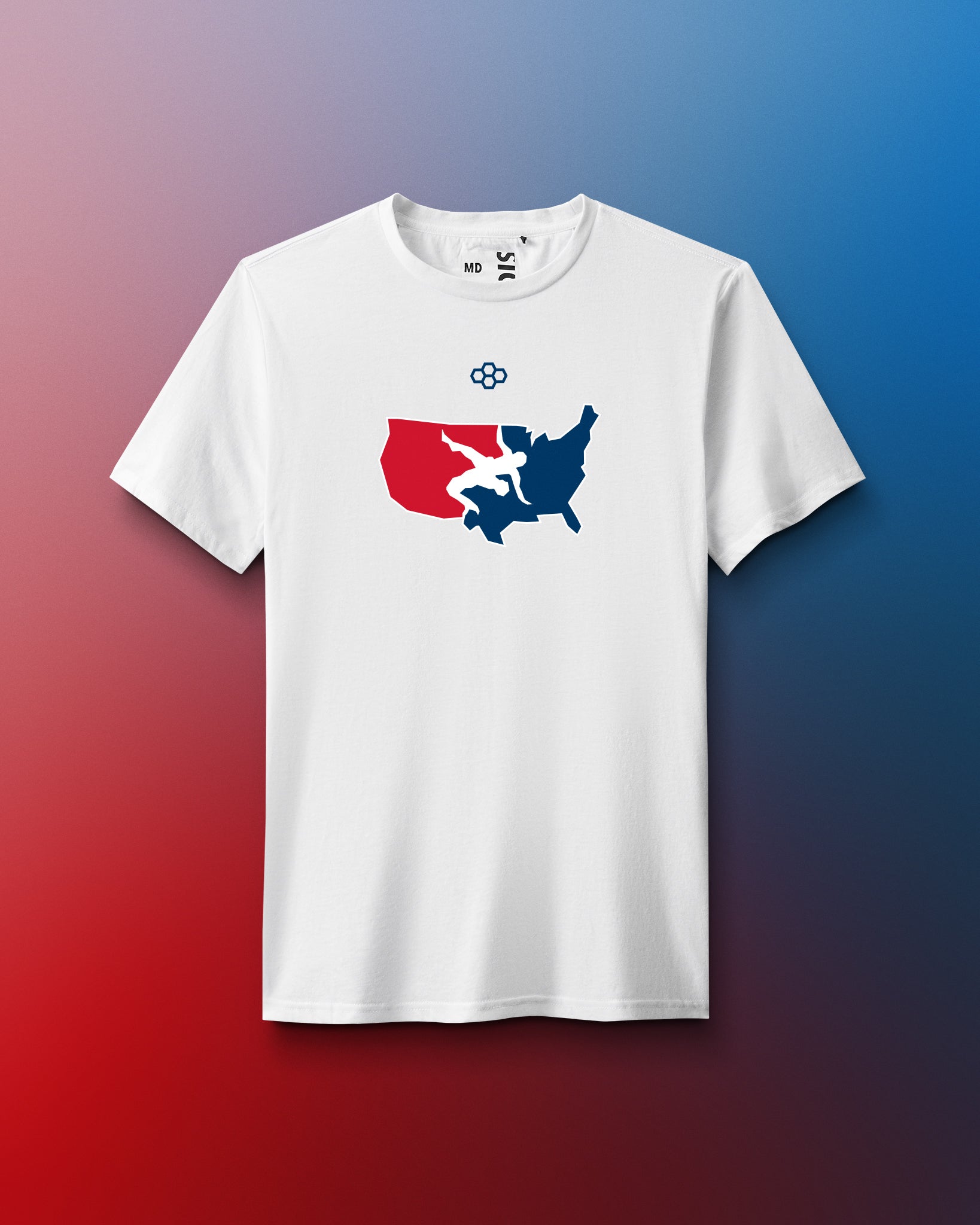 White t-shirt with a USA Wrestling graphic design on a gradient background