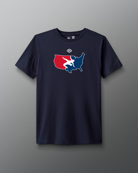 A navy blue t-shirt with usa wrestling graphic of the United States map in red and blue colors, and a logo at the center.