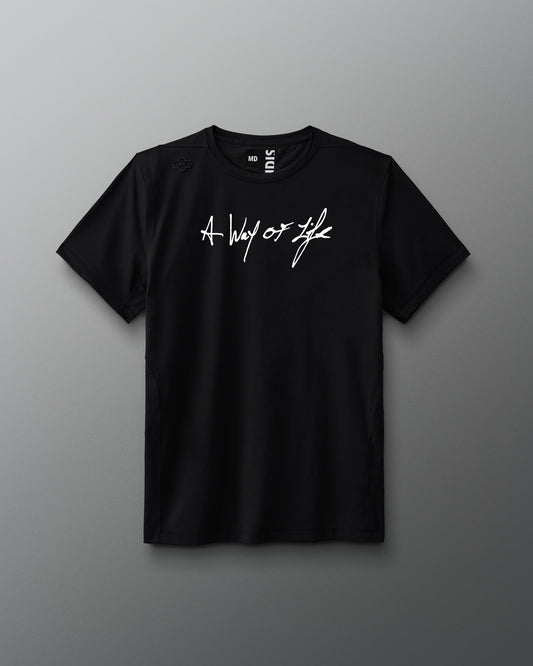 Black t-shirt with white text 'A way of life' on a gray background