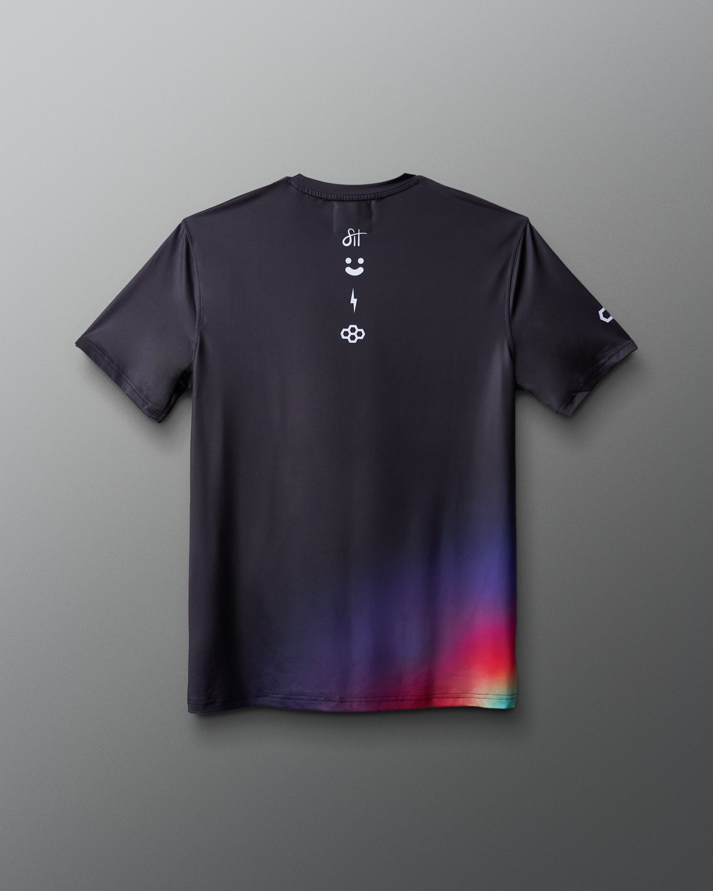 Black t-shirt with gradient design on a gray background
