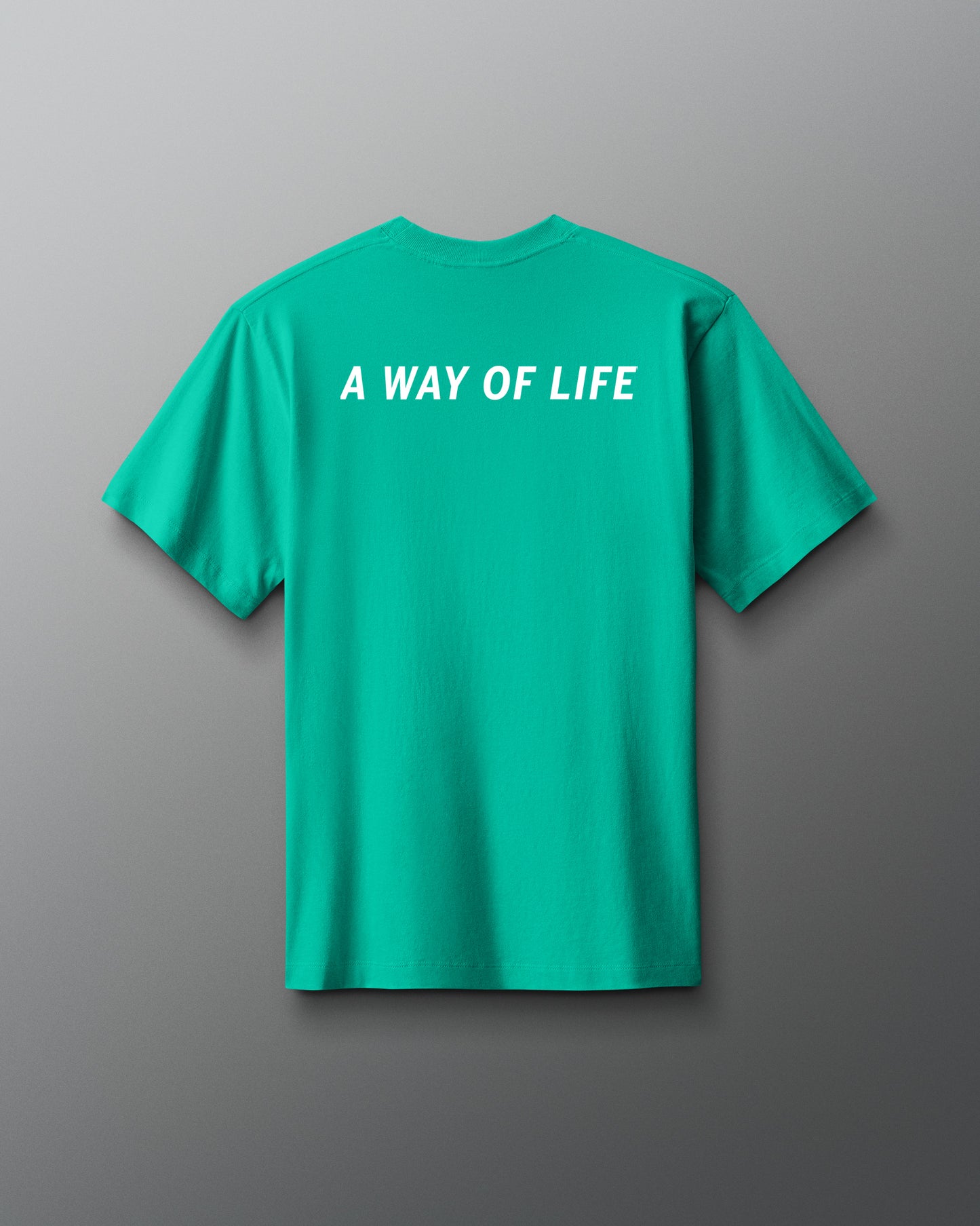 Green t-shirt with 'A Way of Life' text on the back against a gray background