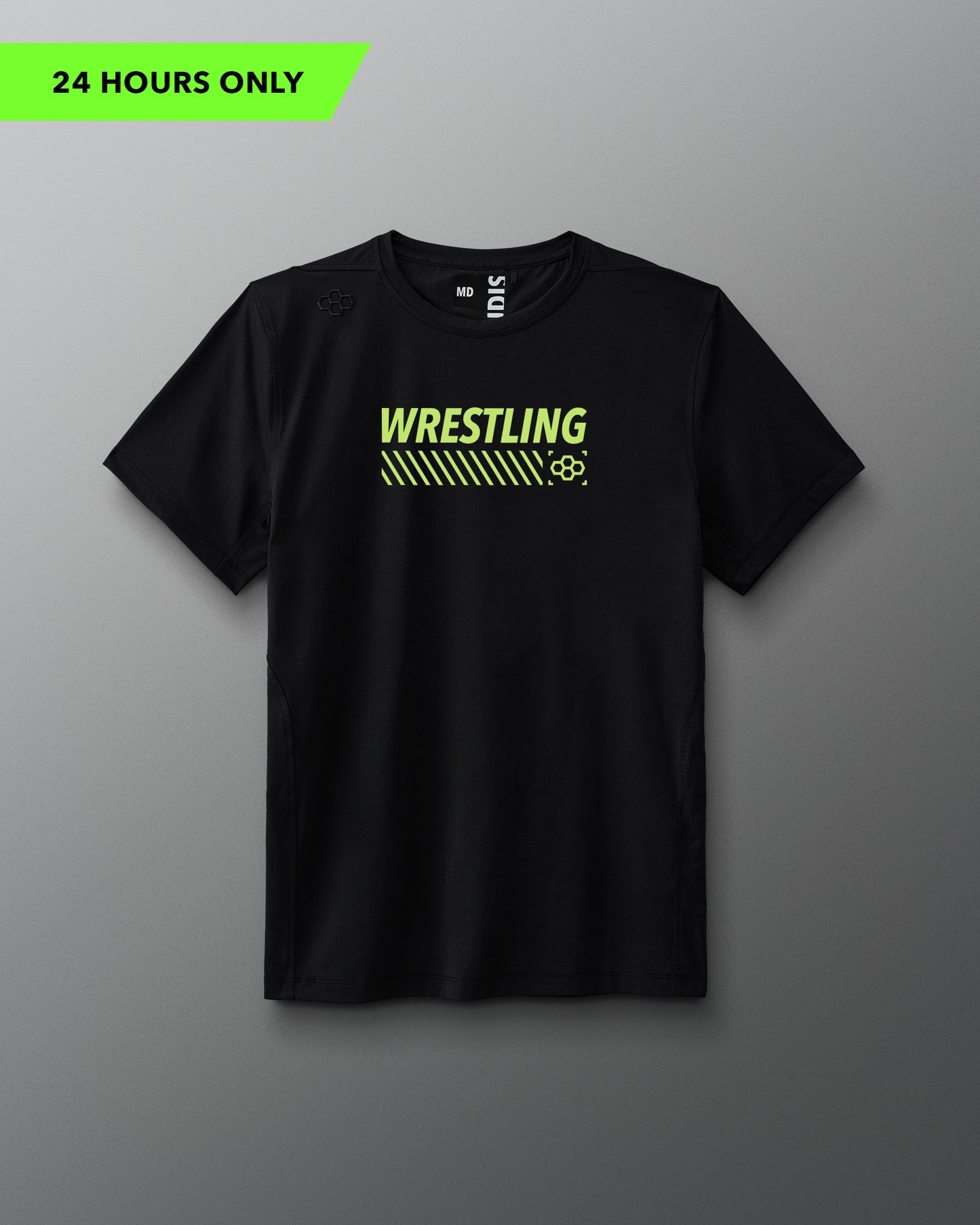A black short-sleeve athletic T-shirt displayed against a gray background. Across the chest, bold neon yellow-green text reads “WRESTLING” above diagonal stripes and a small hexagonal RUDIS logo. The shirt has a modern athletic fit and minimal seams.