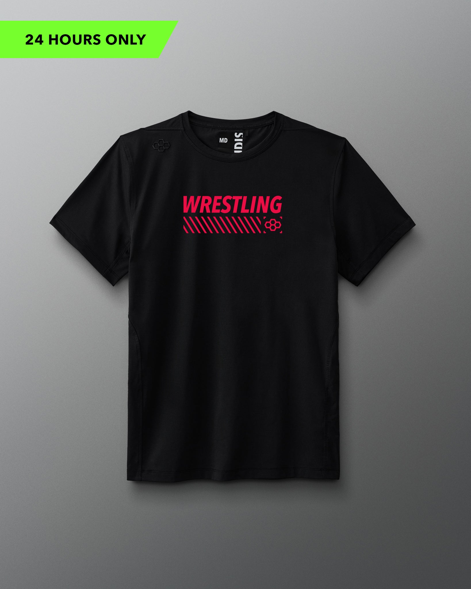 A black short-sleeve athletic T-shirt displayed against a gray background. Across the chest, bold neon red text reads “WRESTLING” above diagonal stripes and a small hexagonal RUDIS logo. The shirt has a modern athletic fit and minimal seams.