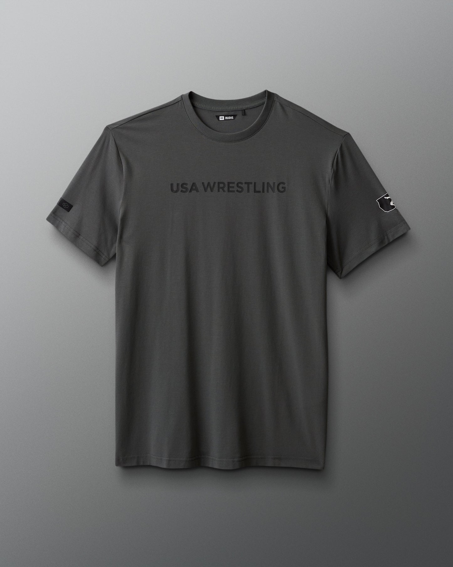 Gray t-shirt with 'USA Wrestling' text on a gray background