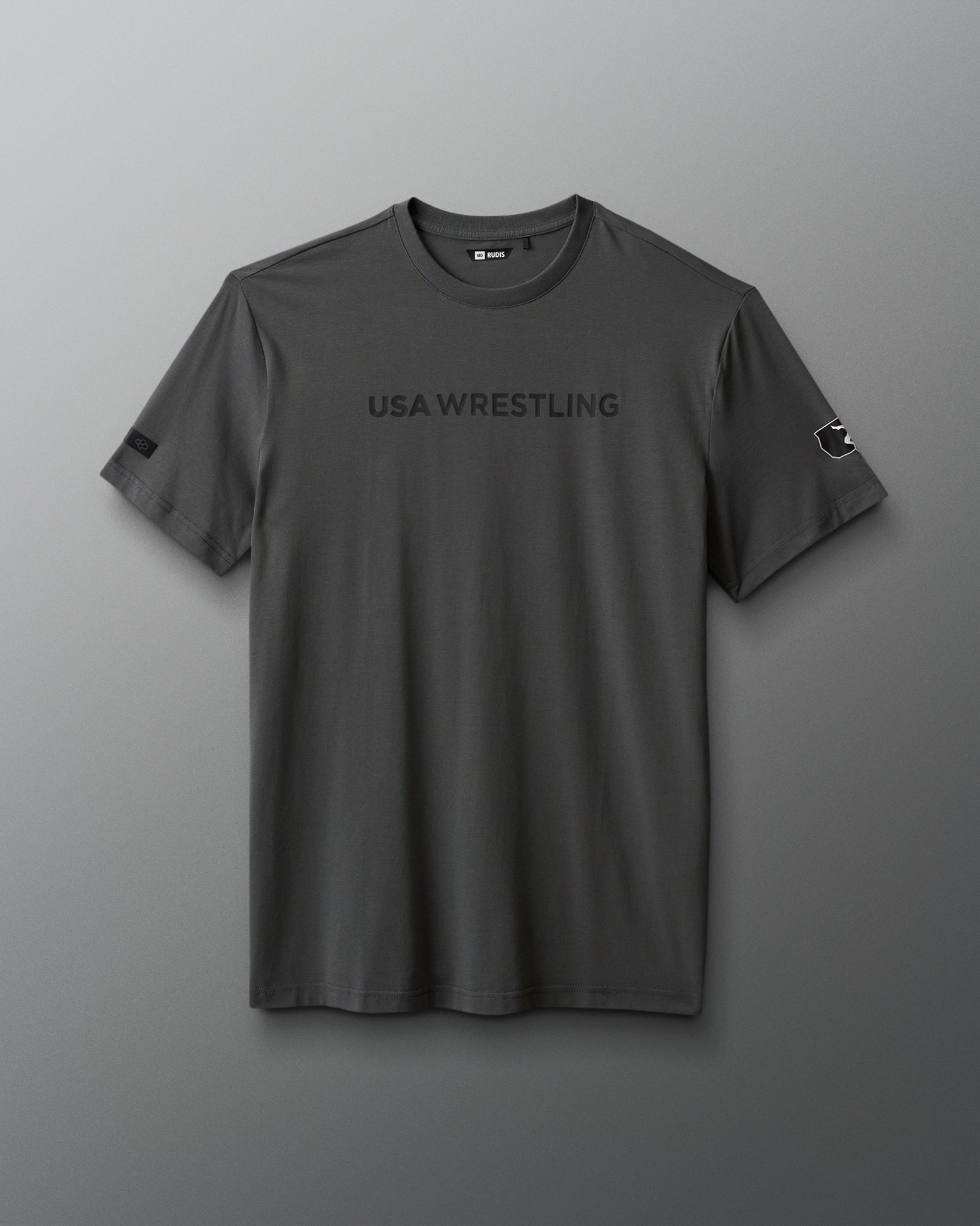 Gray t-shirt with 'USA Wrestling' text on a gray background