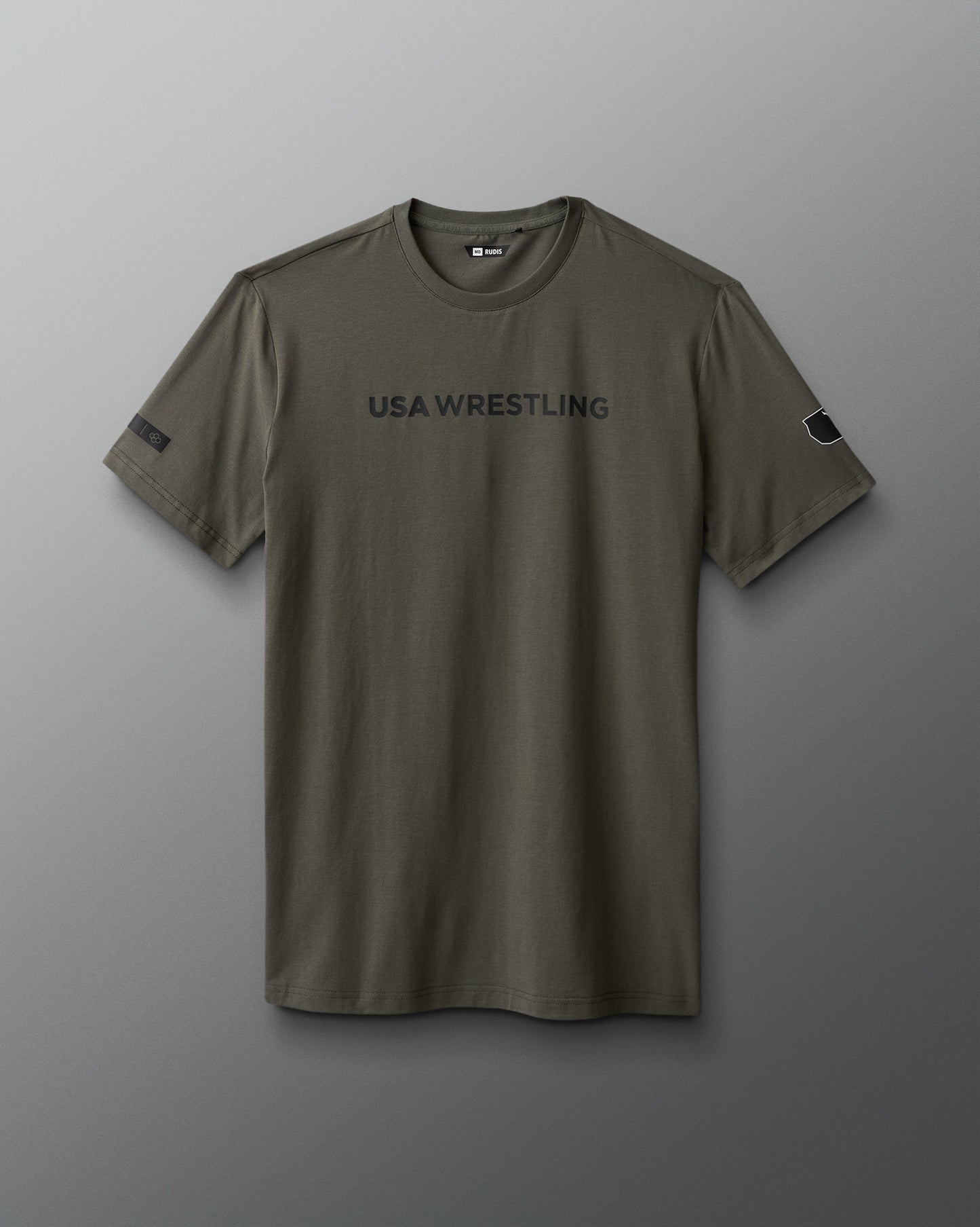Green t-shirt with 'USA Wrestling' text on a gray background