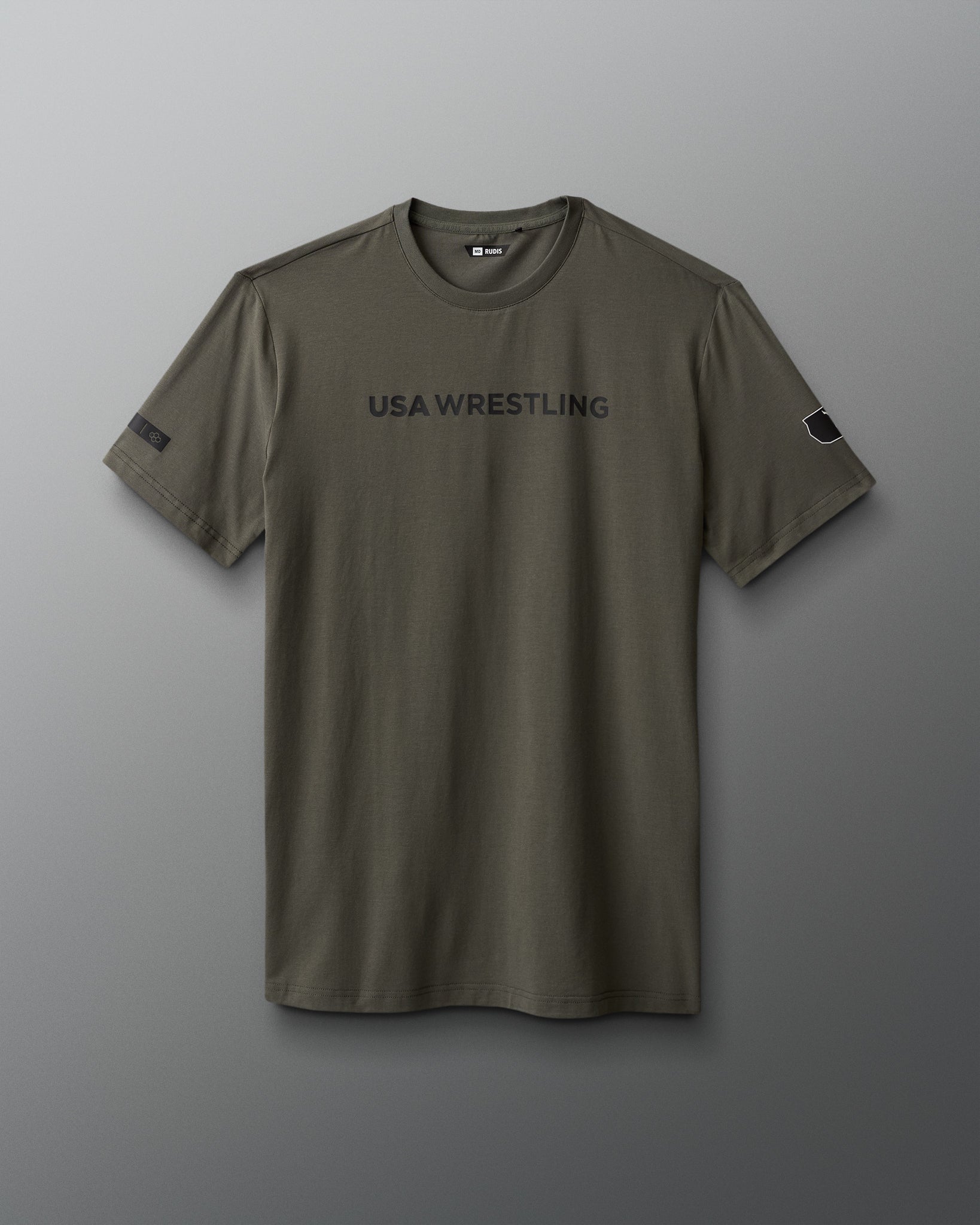 Green t-shirt with 'USA Wrestling' text on a gray background