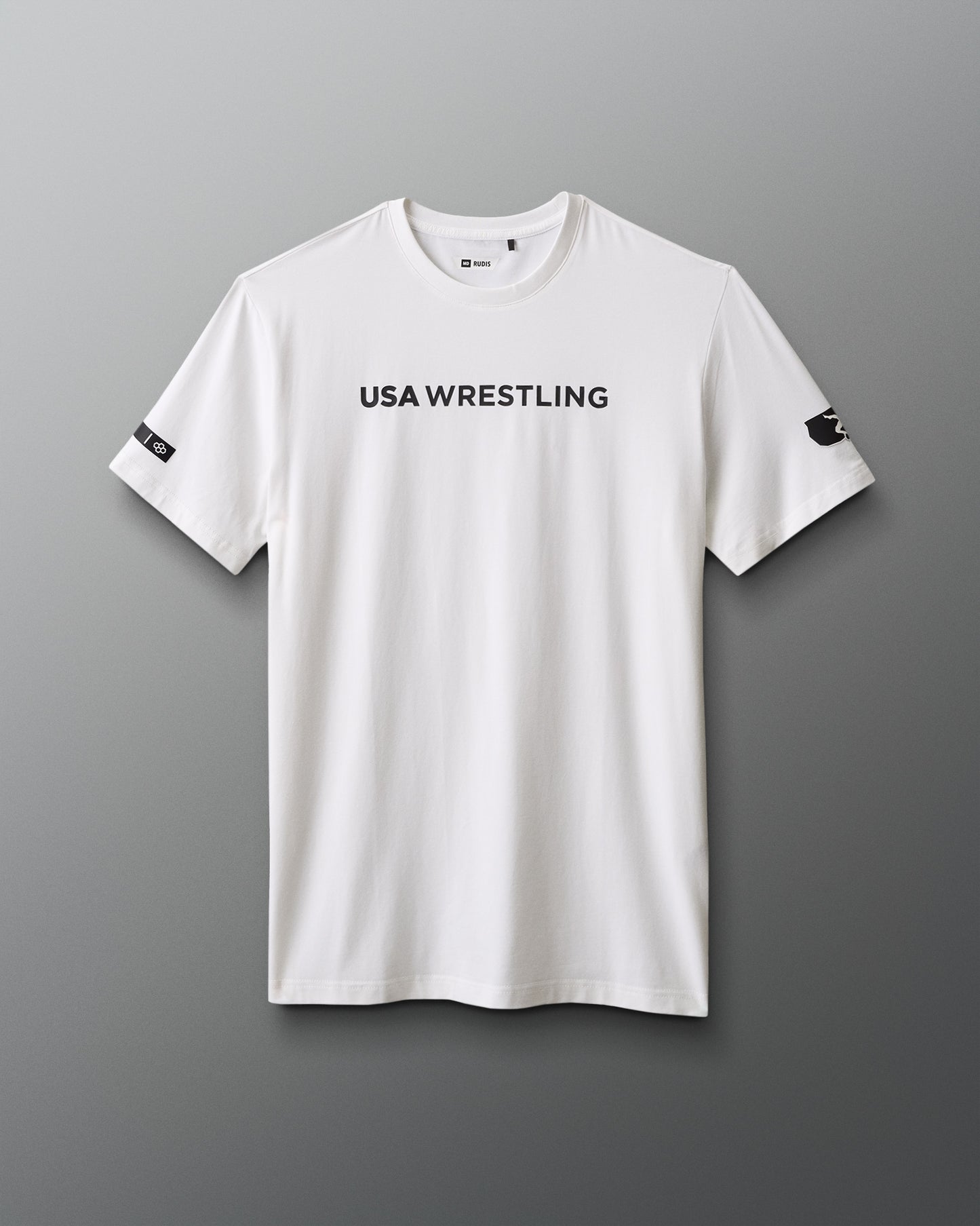 White t-shirt with 'USA Wrestling' text on a gray background