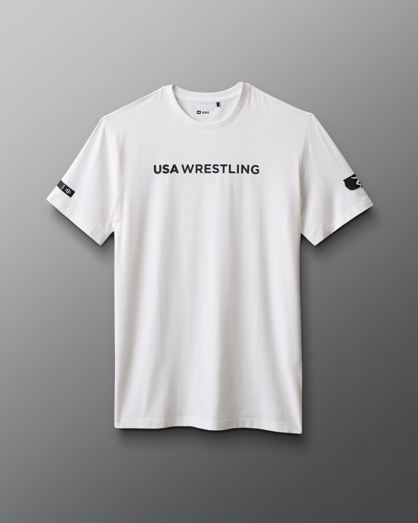 White t-shirt with 'USA Wrestling' text on a gray background