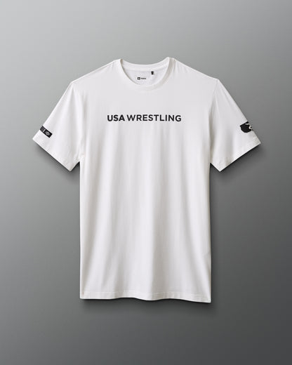White t-shirt with 'USA Wrestling' text on a gray background