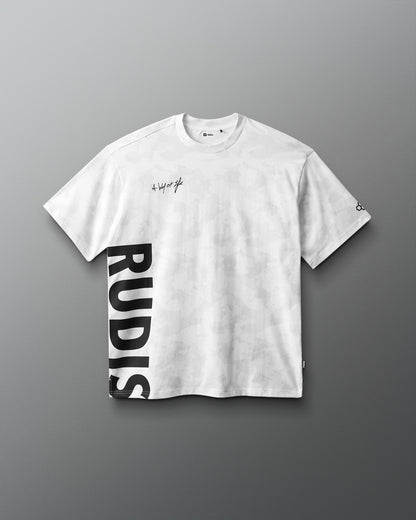 White t-shirt with black text on a gray background