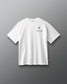 White t-shirt with a logo and text on a gray background