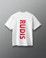White t-shirt with red 'RUDIS' logo on a gray background