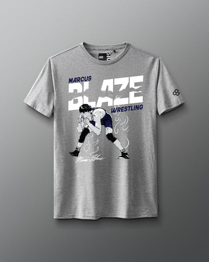 Gray t-shirt with wrestling graphic and text on a gray background