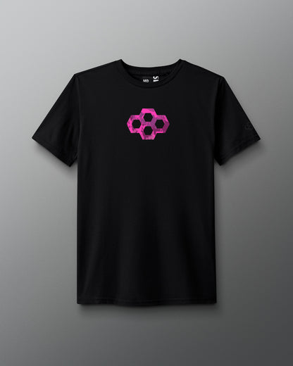 Black t-shirt with a pink geometric design on a gray background