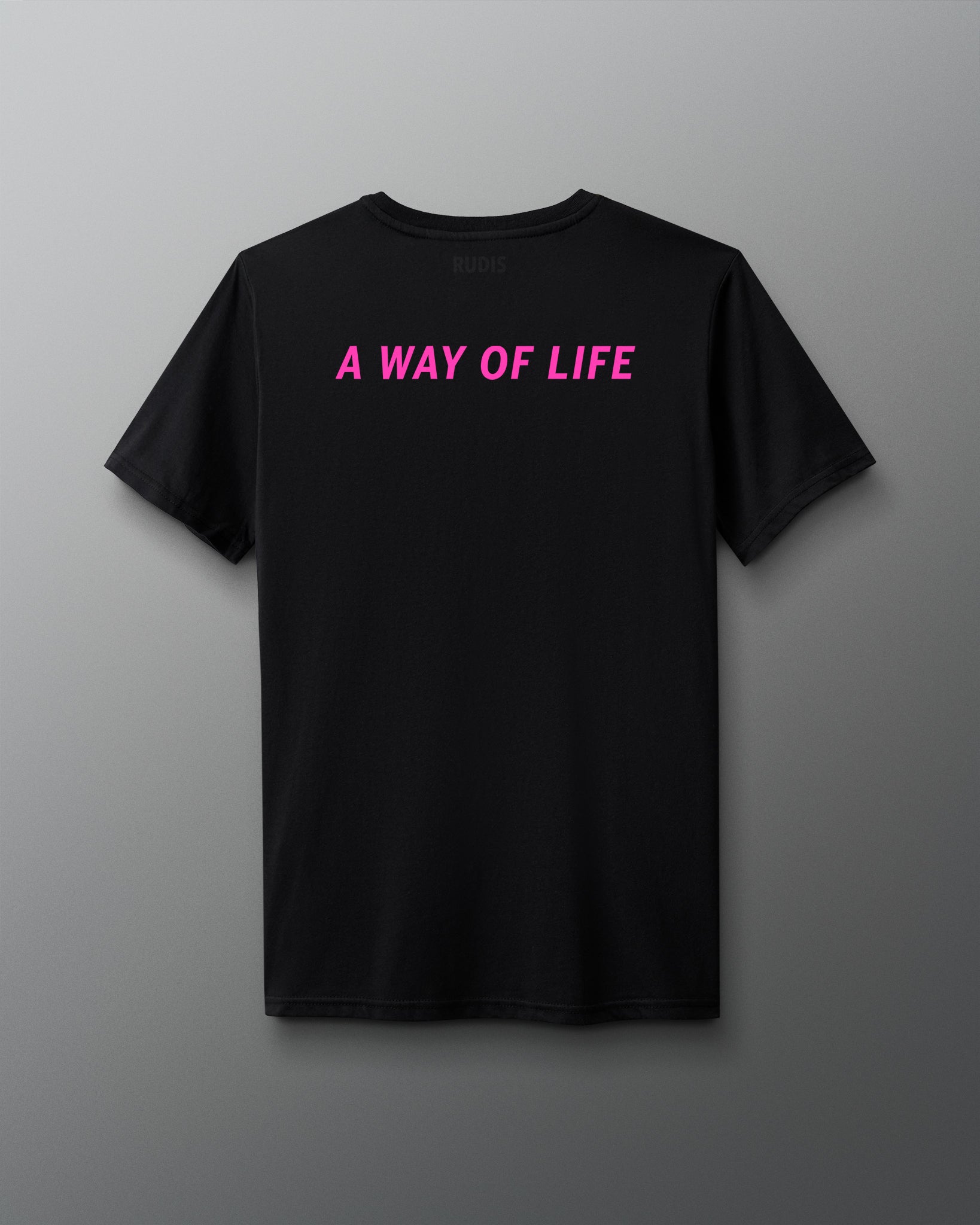 Black t-shirt with 'A Way of Life' text in pink on a gray background