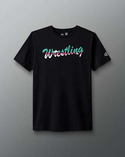 Black t-shirt with 'Wrestling' text on a gray background