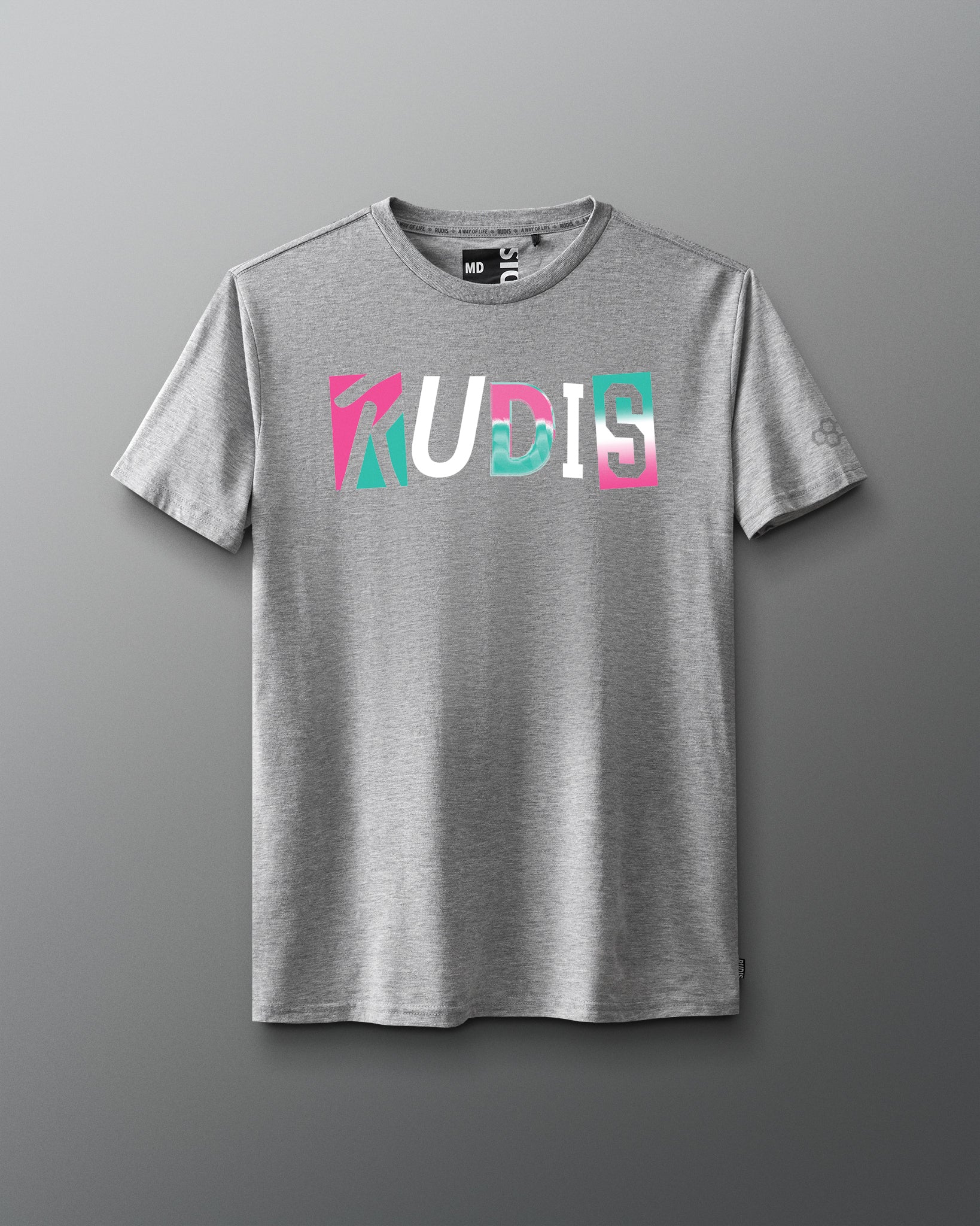 Gray t-shirt with colorful 'RUDIS' logo on a gray background