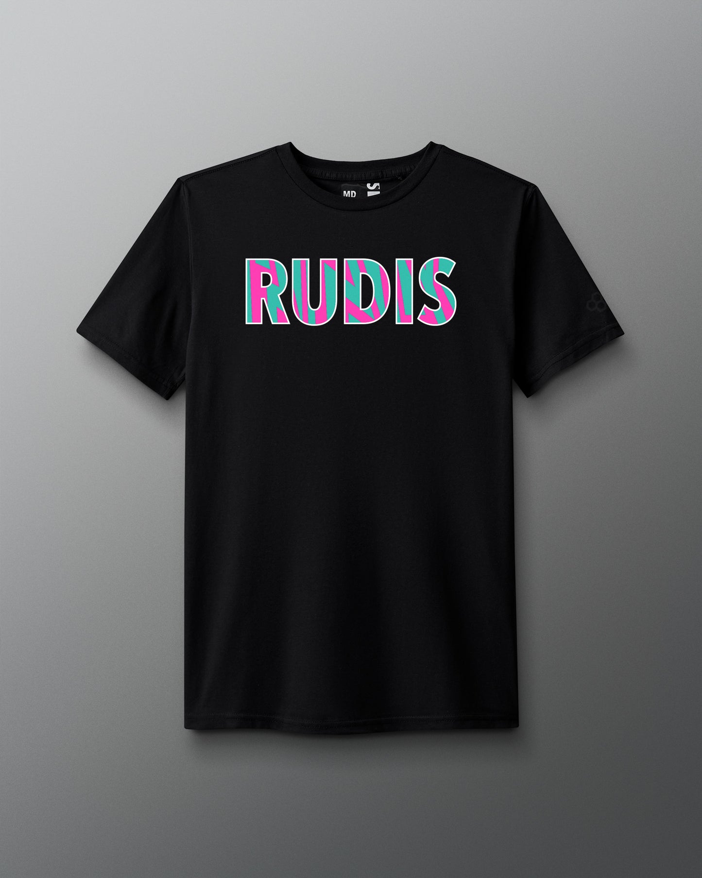 Black t-shirt with 'RUDIS' printed in colorful letters on a gray background