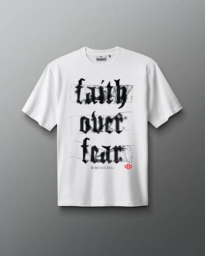 White t-shirt with 'faith over fear' text on a gray background