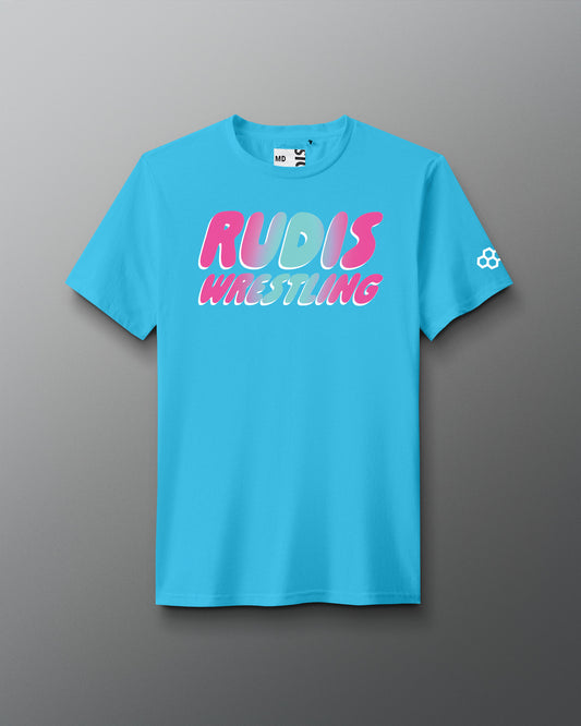 Blue t-shirt with 'RUDIS WRESTLING' text on a gray background